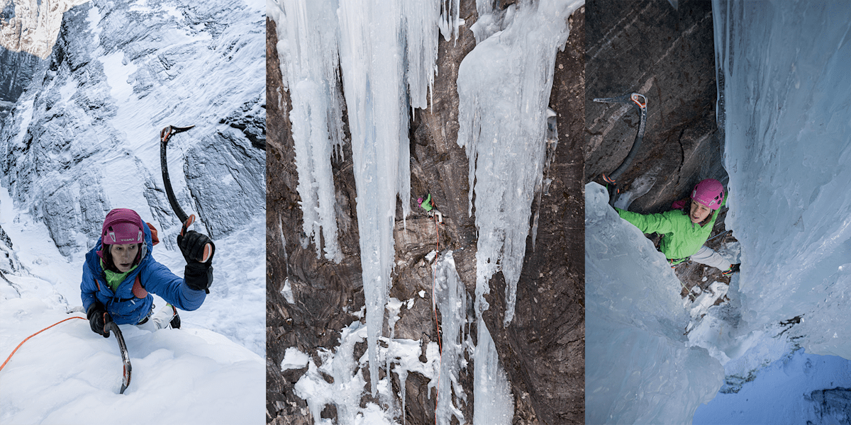 Ines Papert in der Tour Gjølatappen – 350m, M8, WI6.