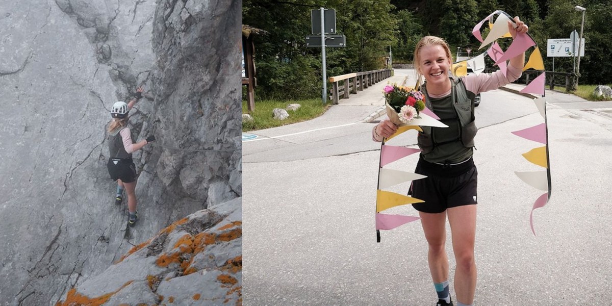 Clara Carste beim Einstieg in den Grat und nach dem Zieleinlauf.