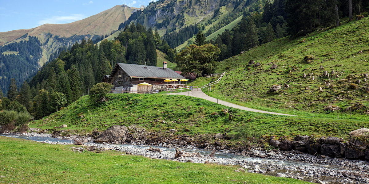 Der Rappenalpbach im Rappenalptal bei Oberstdorf im Allgäu, im Hintergrund die Breitengehren-Alpe