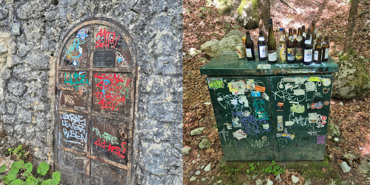 Verschandelte Berglandschaft: Schmierereien und Abfälle im Höllental