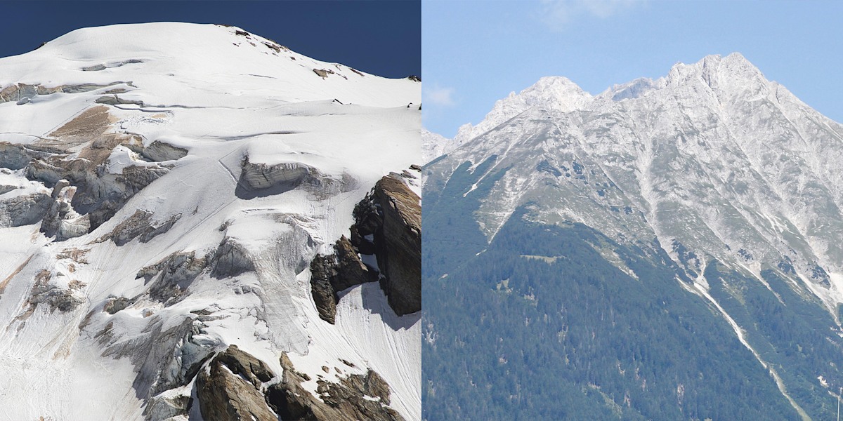 Links der Triftgletscher im Walis rechts die Brandjochspitze von Innsbruck aus.