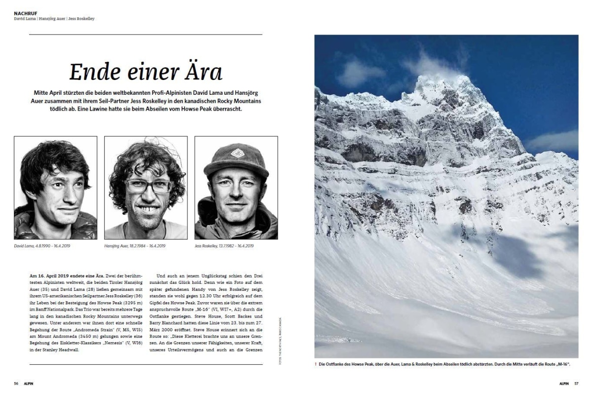 <p>Mitte April stürzten die beiden weltbekannten Profi-Alpinisten David Lama und Hansjörg Auer zusammen mit ihrem Seil-Partner Jess Roskelley in den kanadischen Rocky Mountains tödlich ab. Eine Lawine hatte sie beim Abseilen vom Howse Peak überrascht.</p>