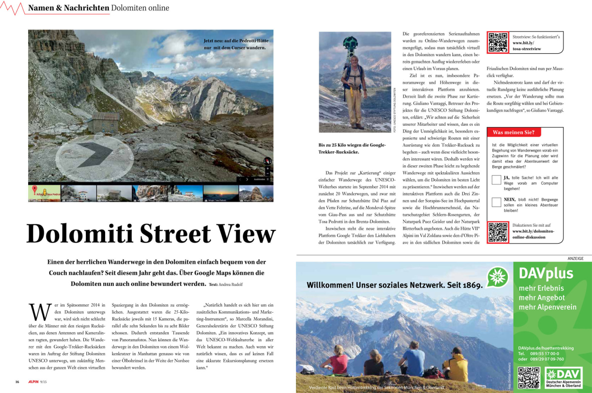 Der Aufmacher von "Namen und Nachrichten": Dolomiti Street View. Ab Seite 16.