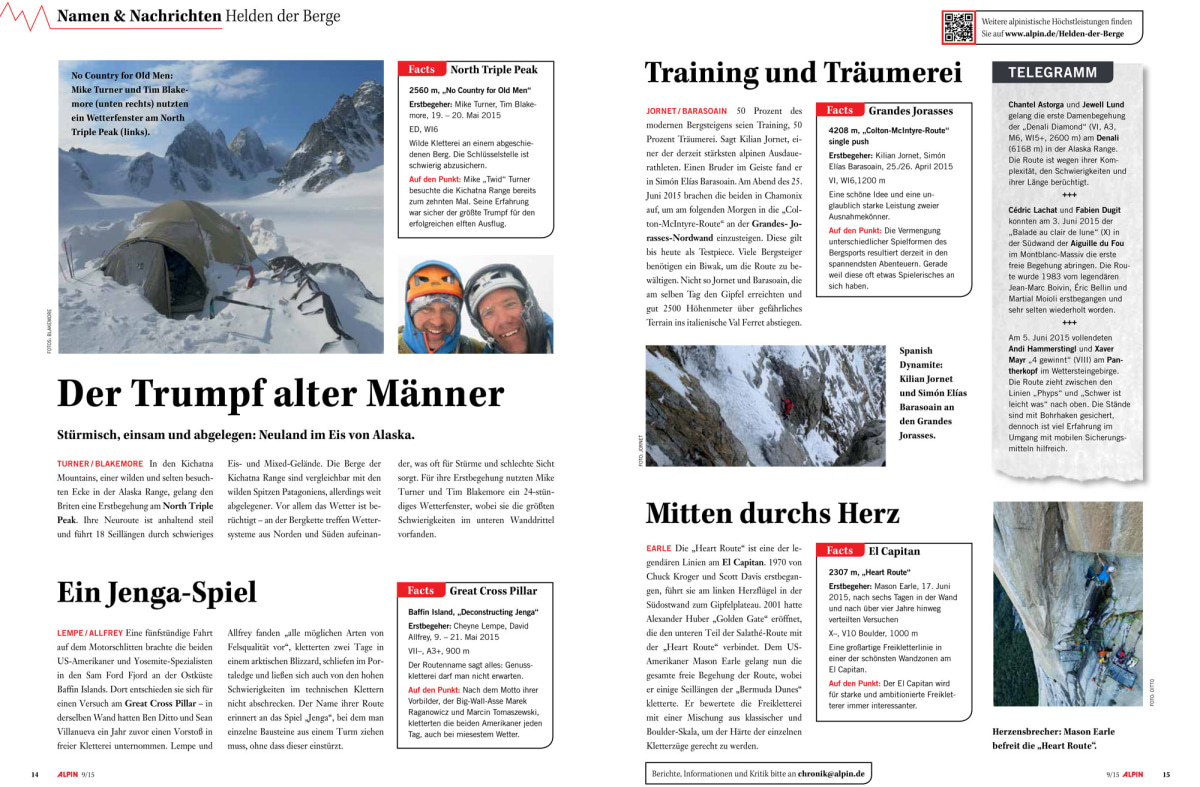 ALPIN Chronik: Helden der Berge. Ab Seite 12.