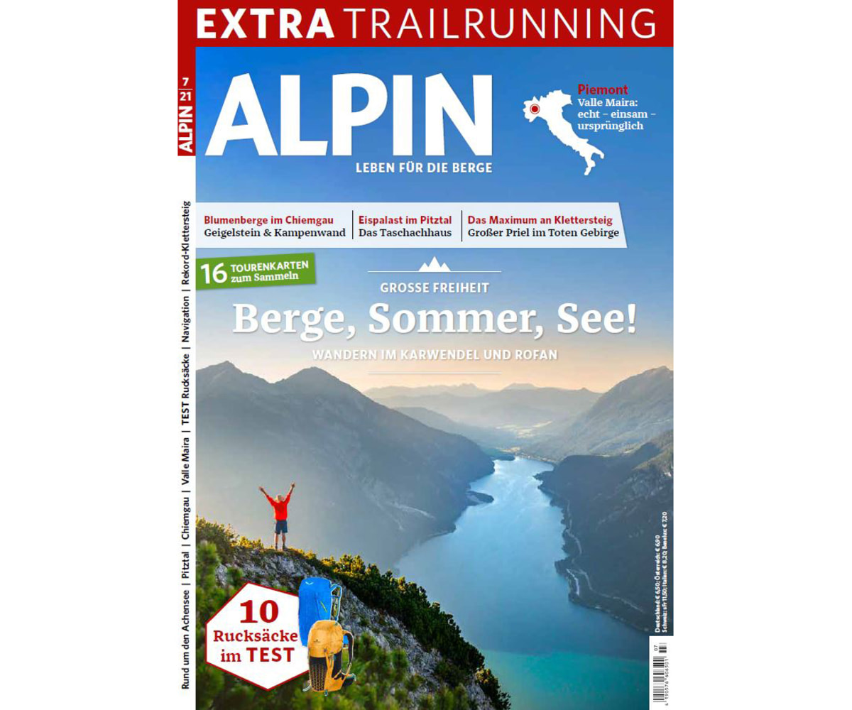 <p>Das Cover unserer Juli-Ausgabe. Klickt euch durch die Slideshow mit den Aufmacherseiten von ALPIN 7/2021!</p>