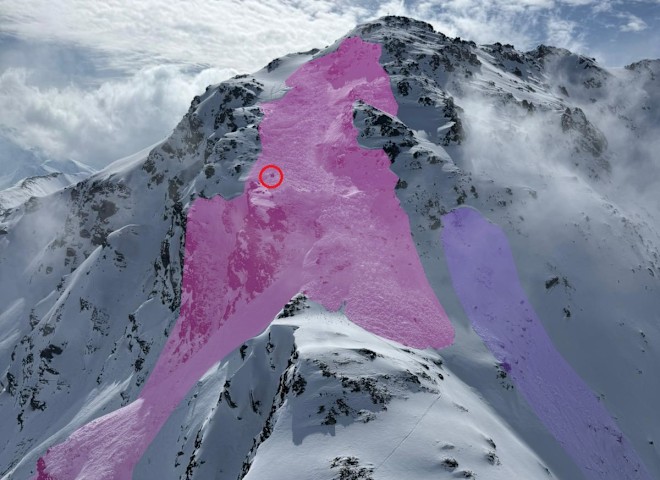 <p>Die Aufstiegsspur am breiten Rücken im Vordergrund. Dahinter die Unfalllawine in magenta, in violett eine durch die Unfalllawine ausgelöste Sekundärlawine. Der rote Kreis markiert die Verschüttungsstelle, der mutmaßliche Erfassungspunkt liegt wenige Meter darüber</p>