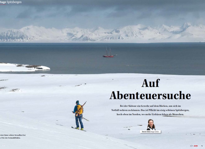 <p>Aufmacherseite der Tourenreportage "Auf Abenteuersuche" in ALPIN 12/2017.</p>