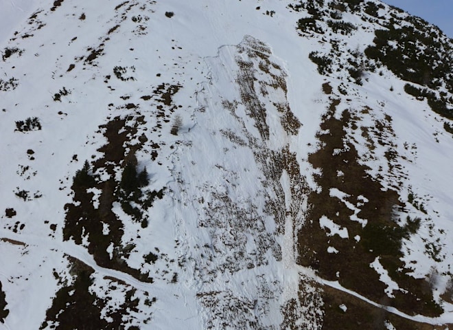 <p>Obwohl das Schneebrett im Durchschnitt nur etwa 20 bis 30 cm mächtig war, konnte sich der Bruch dennoch über eine größere Fläche fortpflanzen.</p>