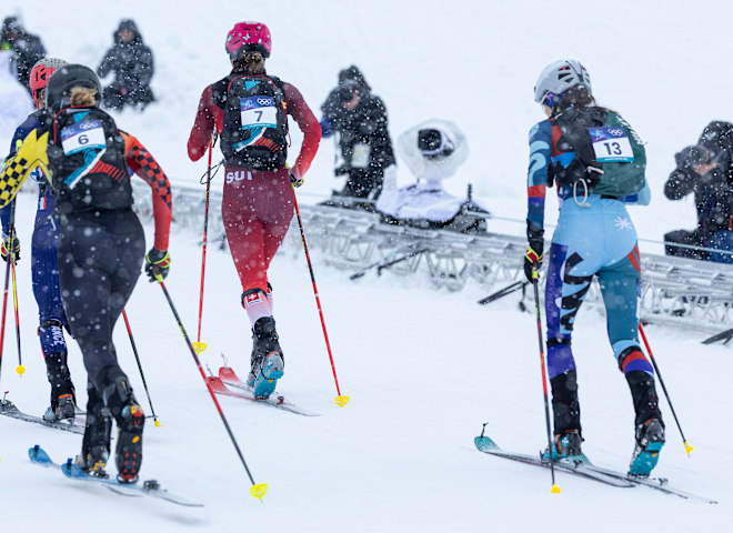 <p>Halbfinale Skibergsteigen bei Olympia 2026: Vorne links Tatjana Paller</p>