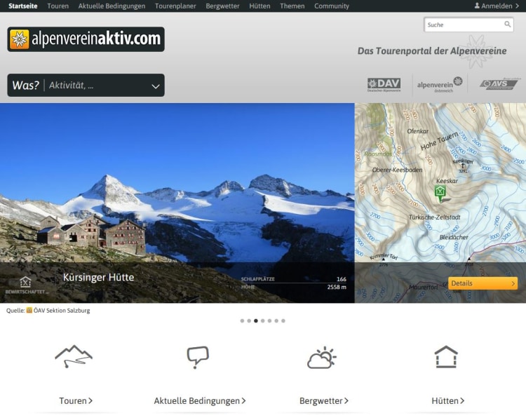 <p>Die Startseite von www.alpenvereinaktiv.com </p>