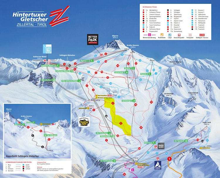 <p>Screenshot des Pistenplans des Hintertuxer Gletschers. Skiroute 2 "Unterm Eisbruch" durch unsere Redaktion farbig markiert.</p>