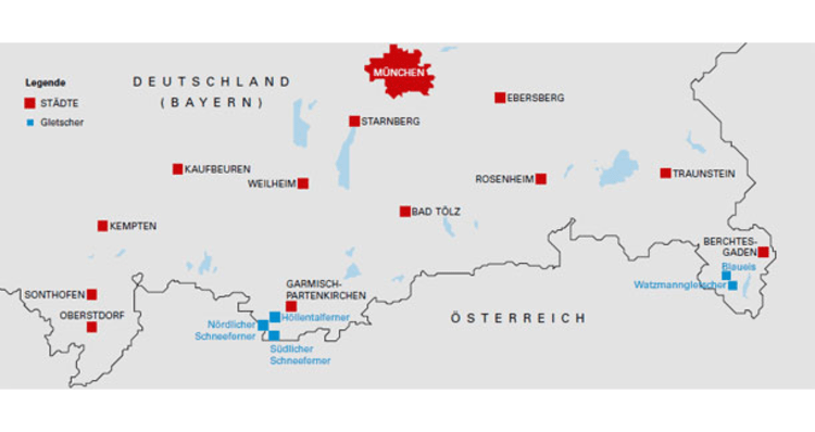 Die Lage der fünf bayerischen Gletscher (Bild: Bayerisches Staatsministerium für Umwelt und Gesundheit).