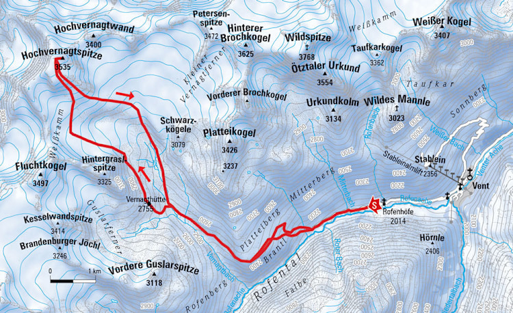 <p>Übersichtskarte der Skitour auf die Hochvernagtspitze.</p>