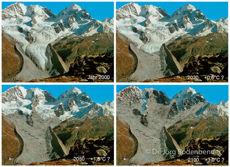<p>Die Bildanimation von 2000 zeigt eine mögliche Entwicklung des Tschierva-Gletschers.</p>