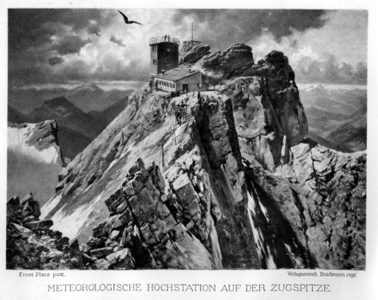 <p>Der Gipfel der Zugspitze um 1900. Bild: Wikipedia.</p>