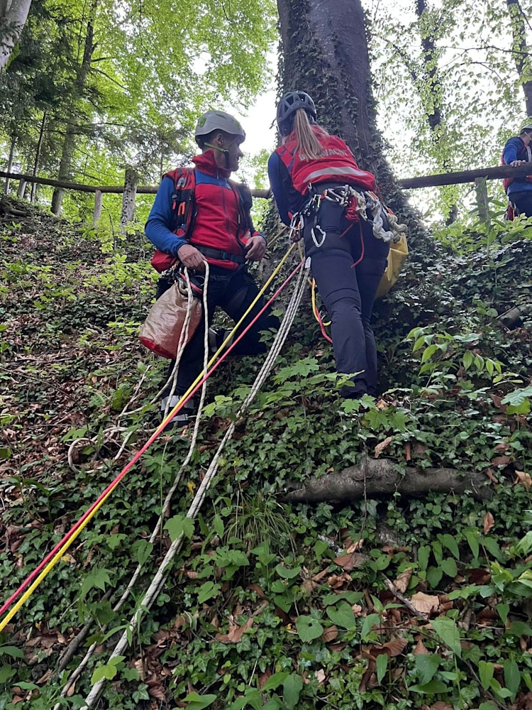 <p>Einsatz an der Burgruine Karlstein: Bergretter steigen zum verletzten Mann im Steilhang ab.</p>