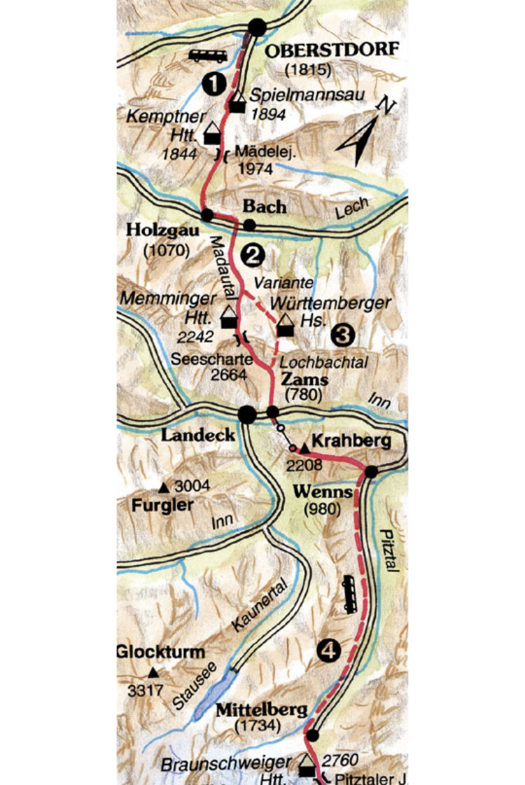 Karte der Etappe des 4. Tages: Von Zams zur Braunschweiger Hütte. Ein Klick öffnet eine Großansicht des bisherigen Gesamtverlaufs.