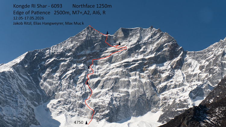 <p>Topo der Route "Edge of Patience" (2500 m, M7+, A2, AI6, R).</p>