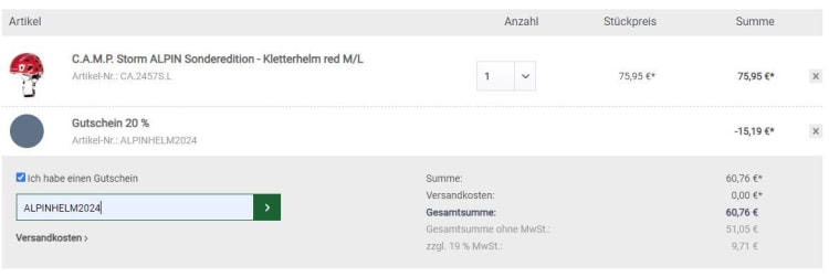 <p>Screenshot der Ansicht "Warenkorb bearbeiten": Hier bitte den Code "ALPINHELM2024" eintragen.</p>