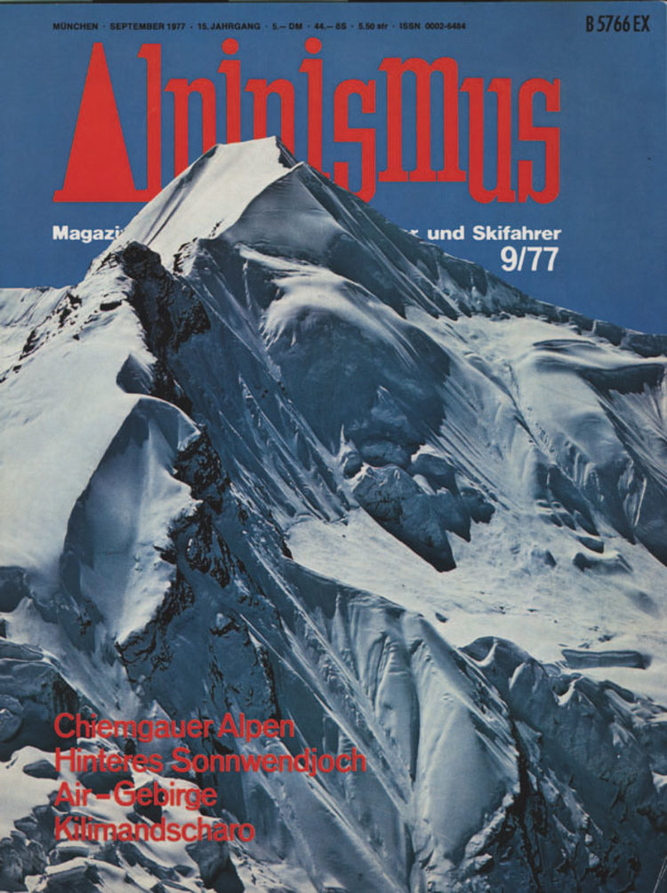 <p>Alpinismus 9/77: In dieser Ausgabe erschien die Reportage über die Begehung der "Pumprisse" am Fleischbankpfeiler im Wilden Kaiser.</p>