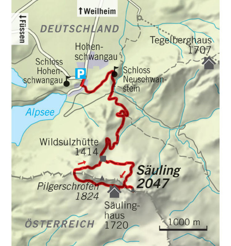 <p>Übersichtskarte der Tour "Von Hohenschwangau auf den Säuling".</p>
