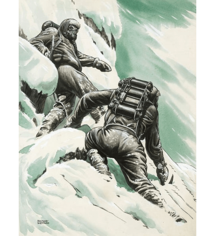 Als Erste ganz oben: Zeitgenössische Illustration der Erstbesteigung des K2 durch Lino Lacedelli und Achille Compagnoni am 31.07.1954 (Foto: picture-alliance.com).