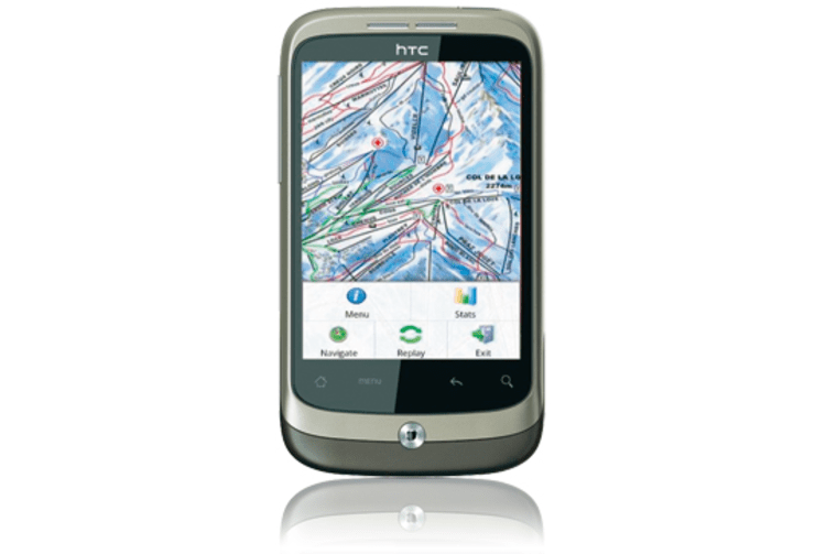„Satski“ bietet Ski-Infos aus aller Welt und läuft auf vielen Handys, hier dem Android-Gerät HTC Wildfire.