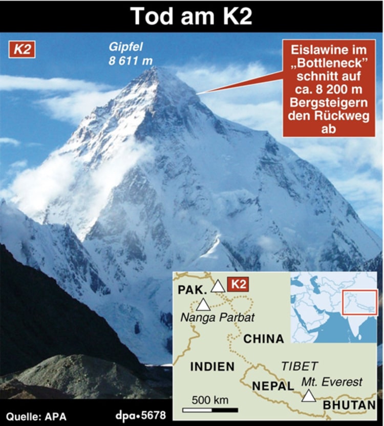 Drama am K2: Am 01. und 02. August starben elf Alpinisten. Klicken Sie für eine Großansicht!