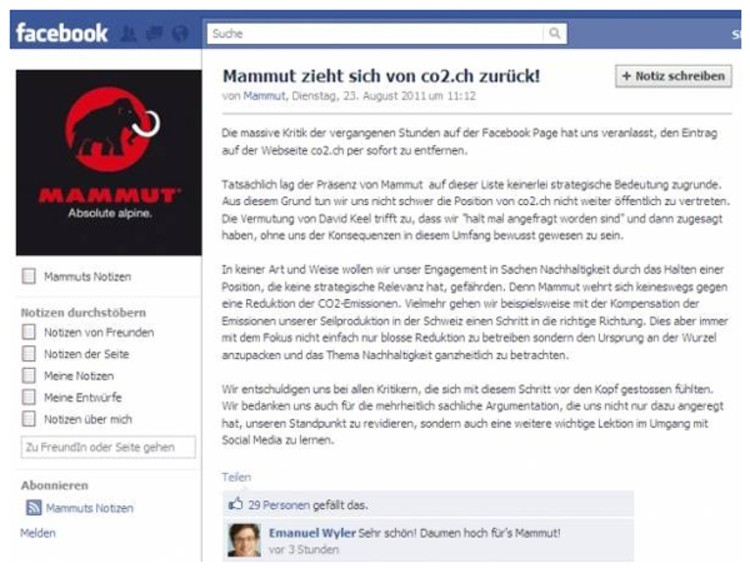 Zurückgerudert: Mammut entschuldigt sich bei seinen Kritikern auf Facebook (Quelle: blick.ch).