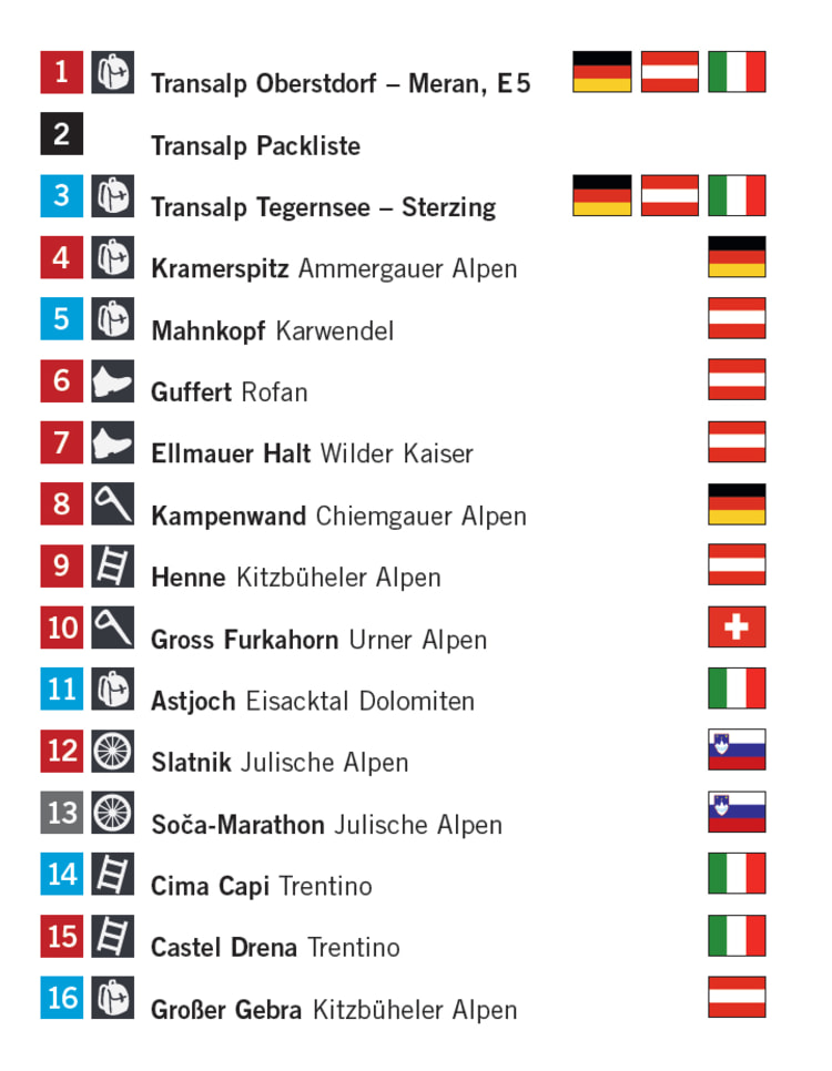 Diese 16 Touren finden Sie als Tourenkarten in ALPIN 11/2015.
