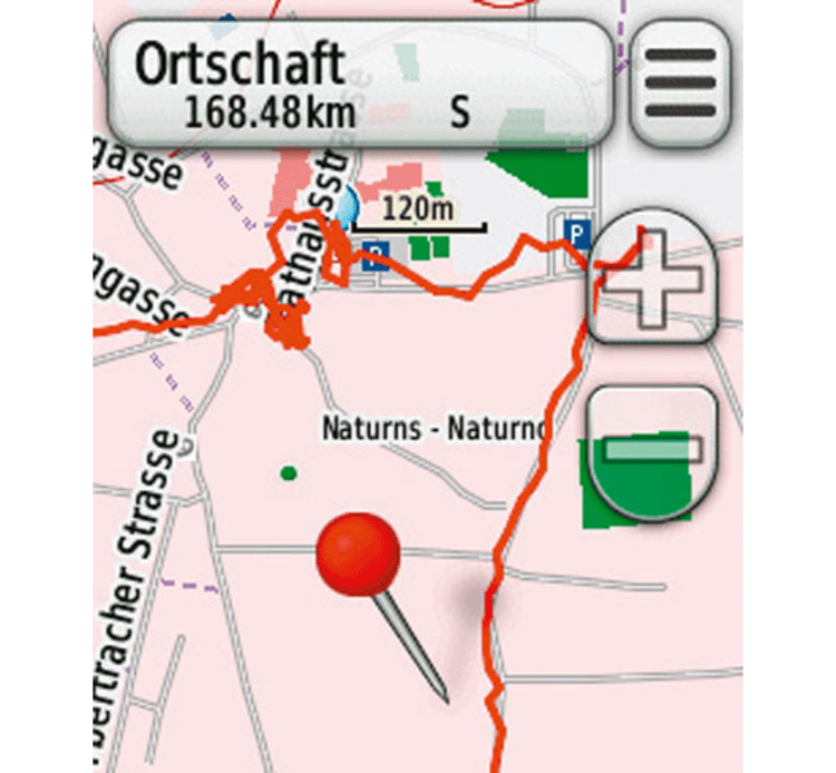 Ein Track auf dem GPS-Gerät im Überblick, er lässt sich aber bis auf den Weg zoomen.