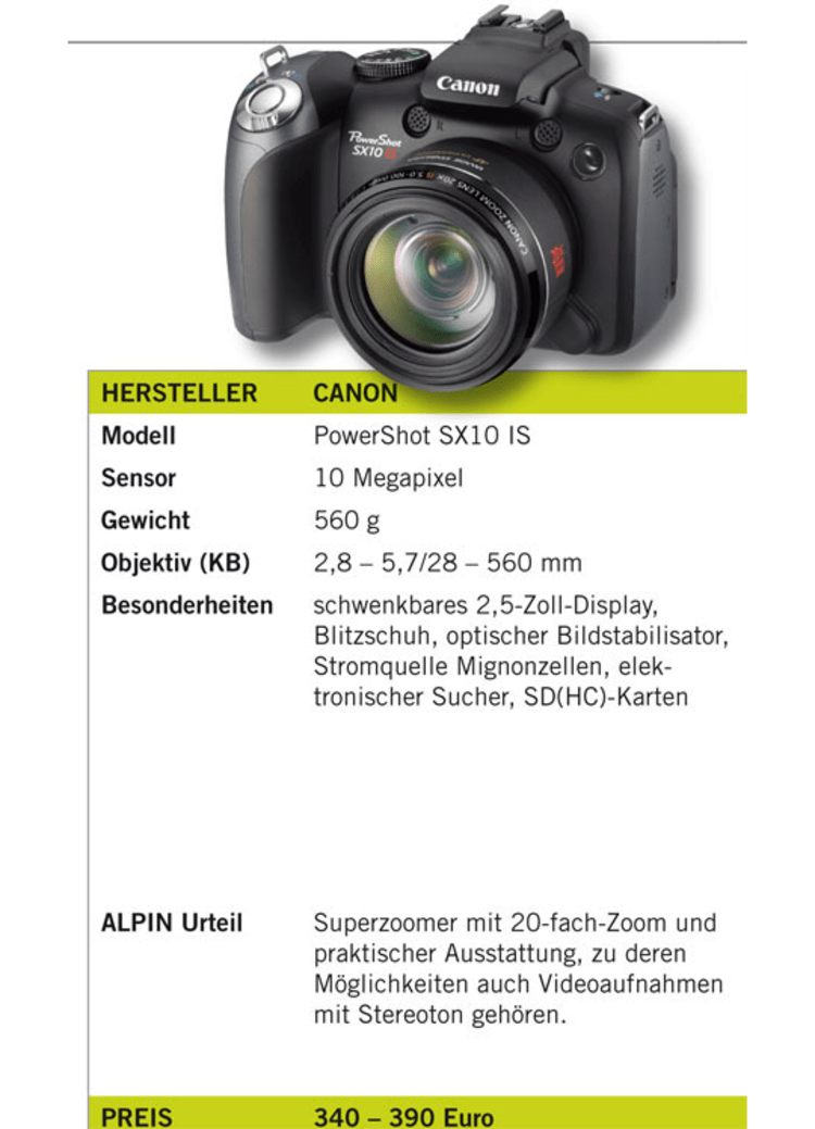 Klicken Sie für eine Großansicht der Canon Power Shot SX10 IS und lesen Sie technische Daten, Preis und ALPIN-Urteil.