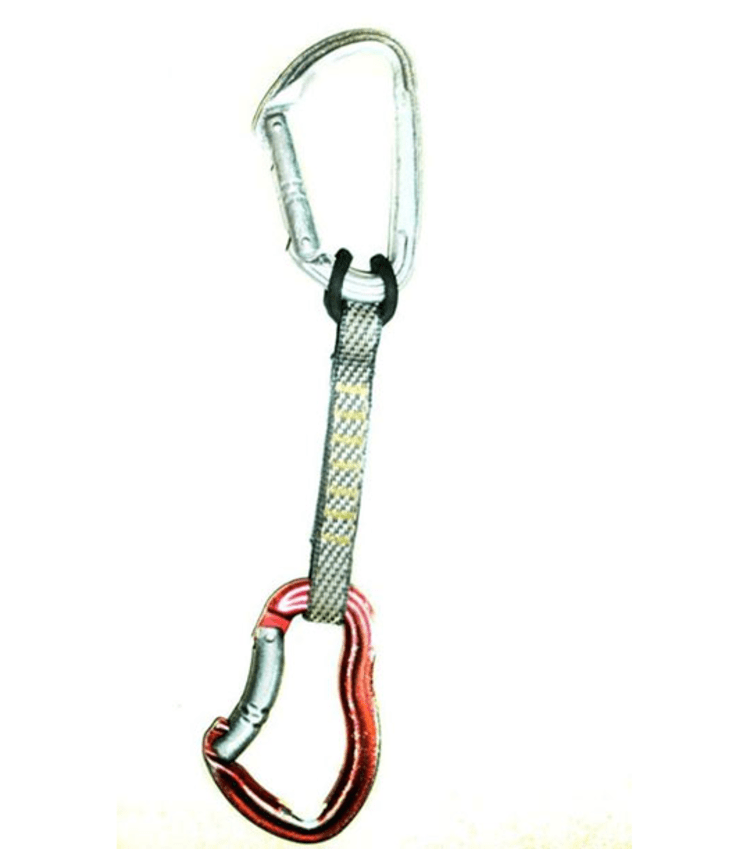 Fehlerhaft montierte Expresse: Gurtband mit zweitem Karabiner wird nur durch den Fixierungsummi am oberen Karabiner gehalten.