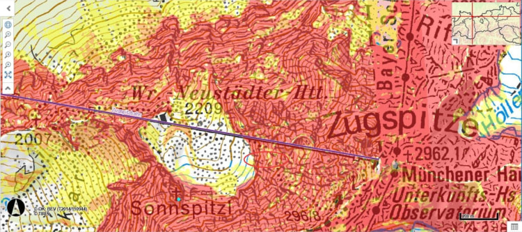 <p>Die Örtlichkeit des Lawinenabgangs (rote kleine Ellipse).  </p>