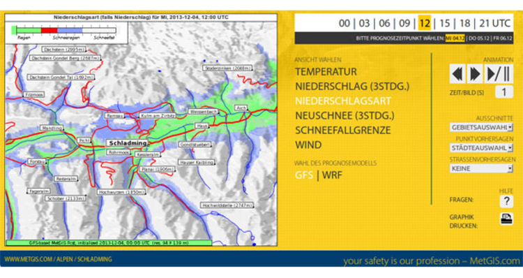 Prognose der Niederschlagsart (Regen, Eisregen, Schneeregen oder Schnee) für die Region um Schladming/Dachstein (Screenshot: metgis.com).