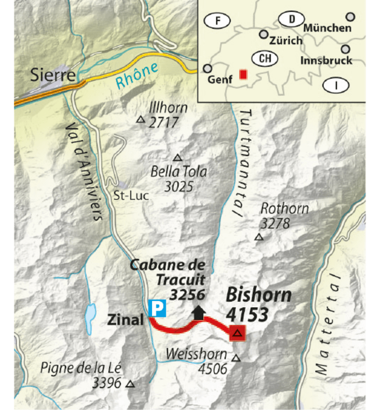 <p>Übersichtskarte: Über den Normalweg aufs Bishorn.</p>