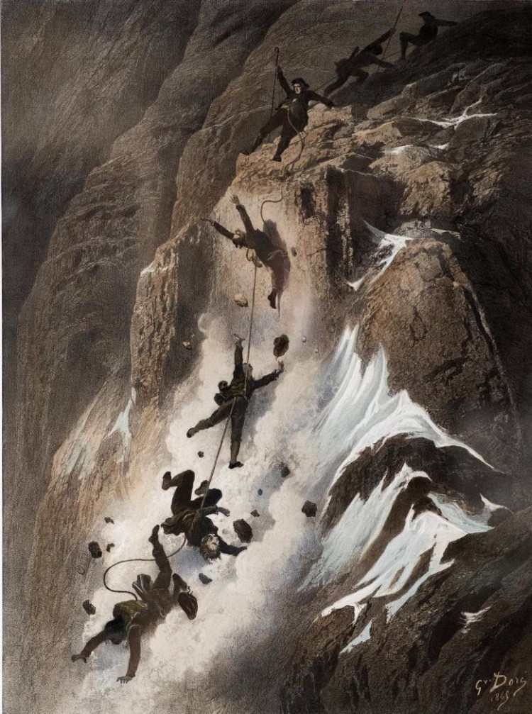 <p>Der wohl berühmteste Seilriss der Welt: Absturz und Tod von Whymper und Gefährten am Matterhorn</p>