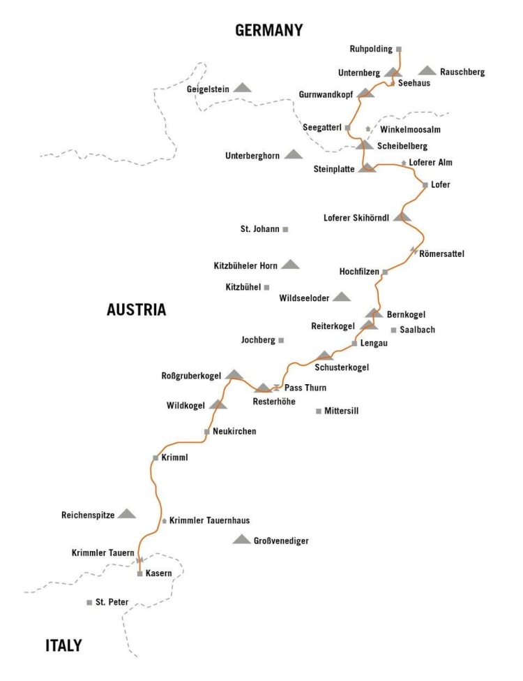 <p>Böhms Route über die Alpen von Nord nach Süd.</p>
