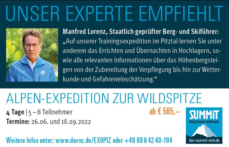 <p><strong>Weitere Infos unter: <a href="https://www.dav-summit-club.de/dav-summit-club/expeditionen/alpen-expedition-wildspitze-pitztal" rel="nofollow" target="_blank">davsc.de/EX9PIZ</a></strong></p>