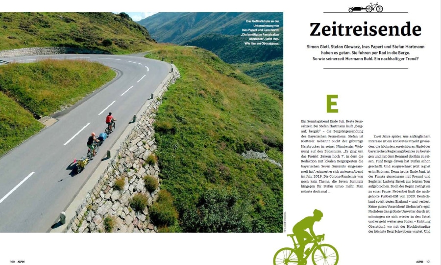 <p>Aufmacher-Doppelseite der siebenseitigen Reportage "Mit Bike zum Berg" von ALPIN-Redakteur Andreas Erkens in ALPIN 04/2022.</p>