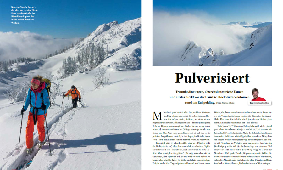 <p>Aufmacher-Doppelseite der Skitouren-Reportage "Pulverisiert" in ALPIN 03/2017.</p>