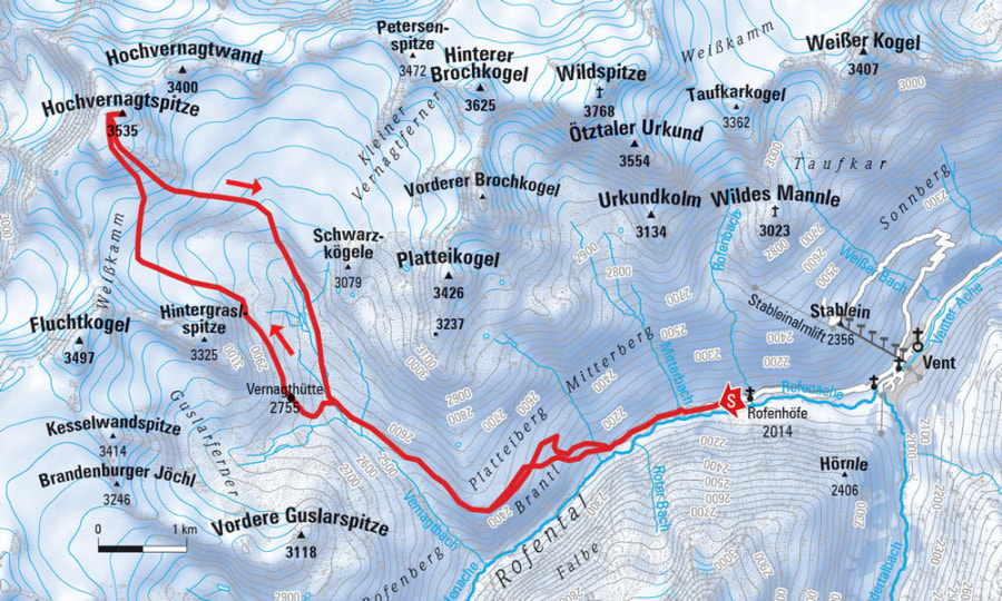 <p>Übersichtskarte der Skitour auf die Hochvernagtspitze.</p>