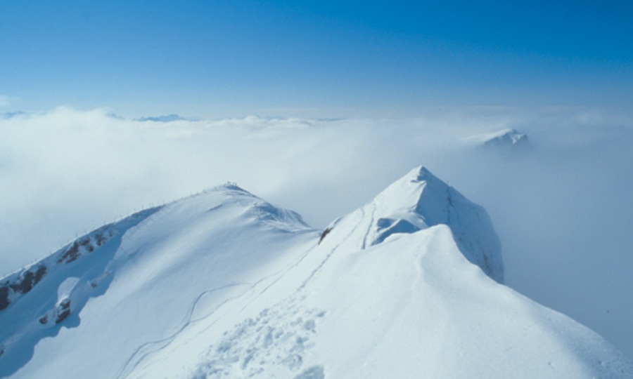 <p>Das Rindalphorn: Blick auf den Gipfelgrat vom Kreuz aus.</p>