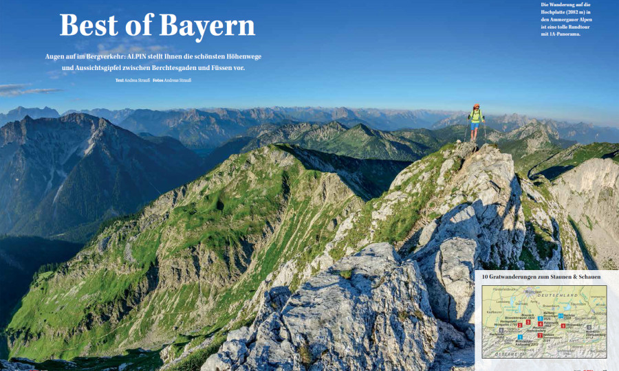 <p>Die Aufmacher-Doppelseite der Titelstory "Best of Bayern" aus der August-Ausgabe von ALPIN.</p>
