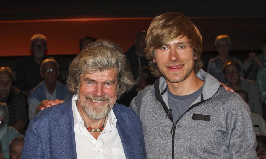 <p>Reinhold Messner und Sohn Simon bei einem gemeinsamen Auftritt im Jahr 2019.</p>