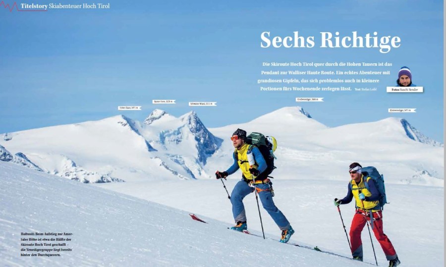 <p>Aufmacher-Doppelseite der Titelstory "Skiabenteuer Hoch Tirol" aus unserem März-Heft.</p>