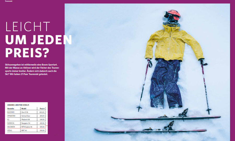 <p>Aufmacherseite unseres 13-seitigen Skitourentests in ALPIN 11/2018.</p>