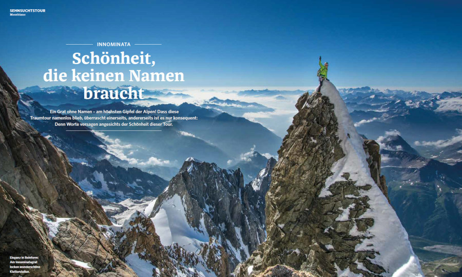 <p>Aufmacher-Doppelseite der Reportage "Schönheit, die keinen Namen braucht". In der Ralf Gantzhorn seine Besteigung des Montblancs über den Innominatagrat beschreibt.</p>