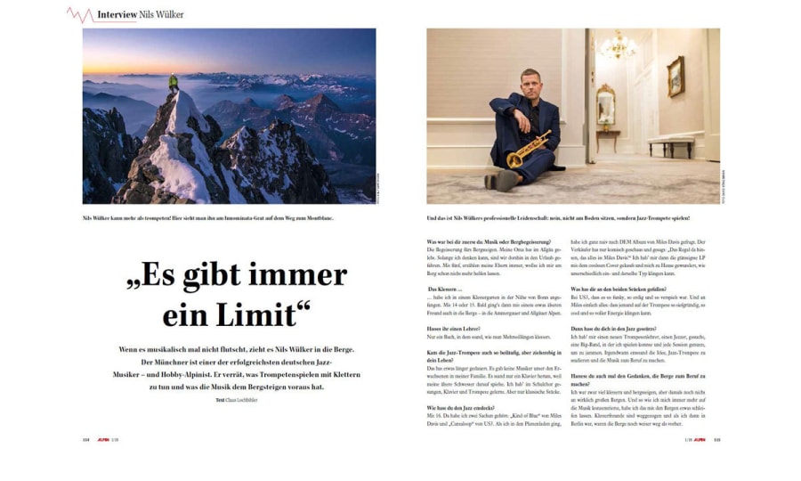 <p>Aufmacher-Doppelseite unseres Interviews mit Nils Wülker in ALPIN 01/2018.</p>