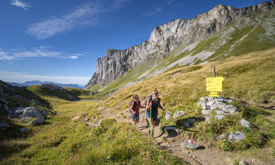 <p>Grüne Wiesen mit grauen Klippen: Am Salzofen entlang eröffnet sich ein kontrastreiches Landschaftsbild.</p>